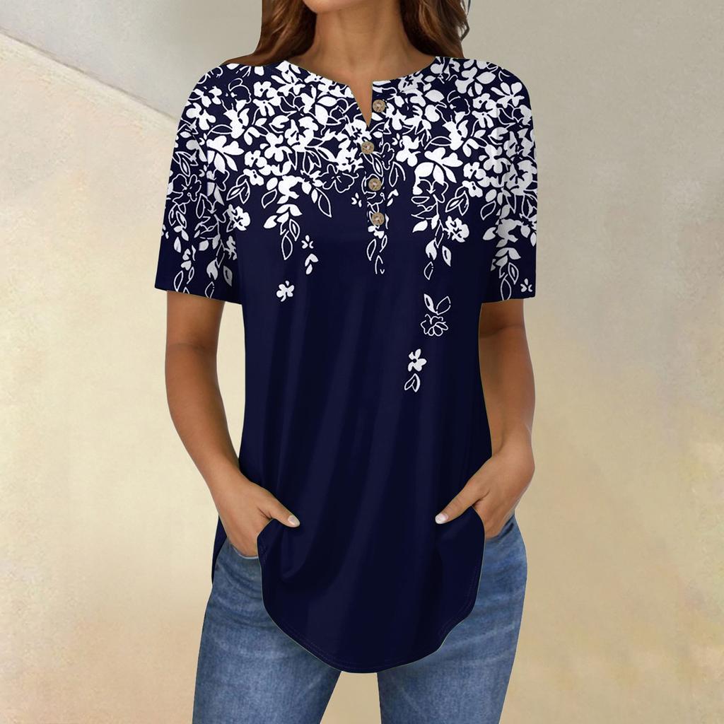 Short Sleeve Womens Tops Summer T-Shirts Floral Print V Neck Casual Basic Tee Button Shirts Tunic Tops