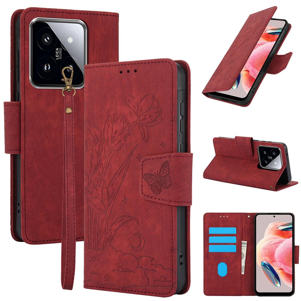 SY-001 Чехол для Xiaomi 14T Pro Кожаный чехол-кошелек с рисунком цветка и бабочки с ремешком на руку