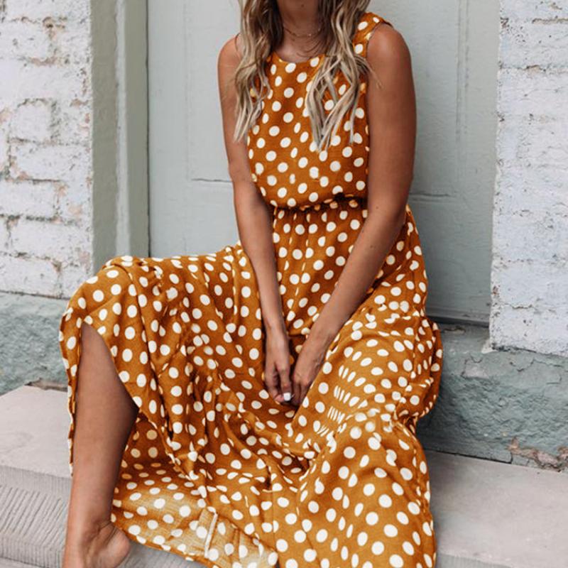QICED Spring Summer Fashion Versatile Printed Polka Dot O-Neck Long Women's Dresses