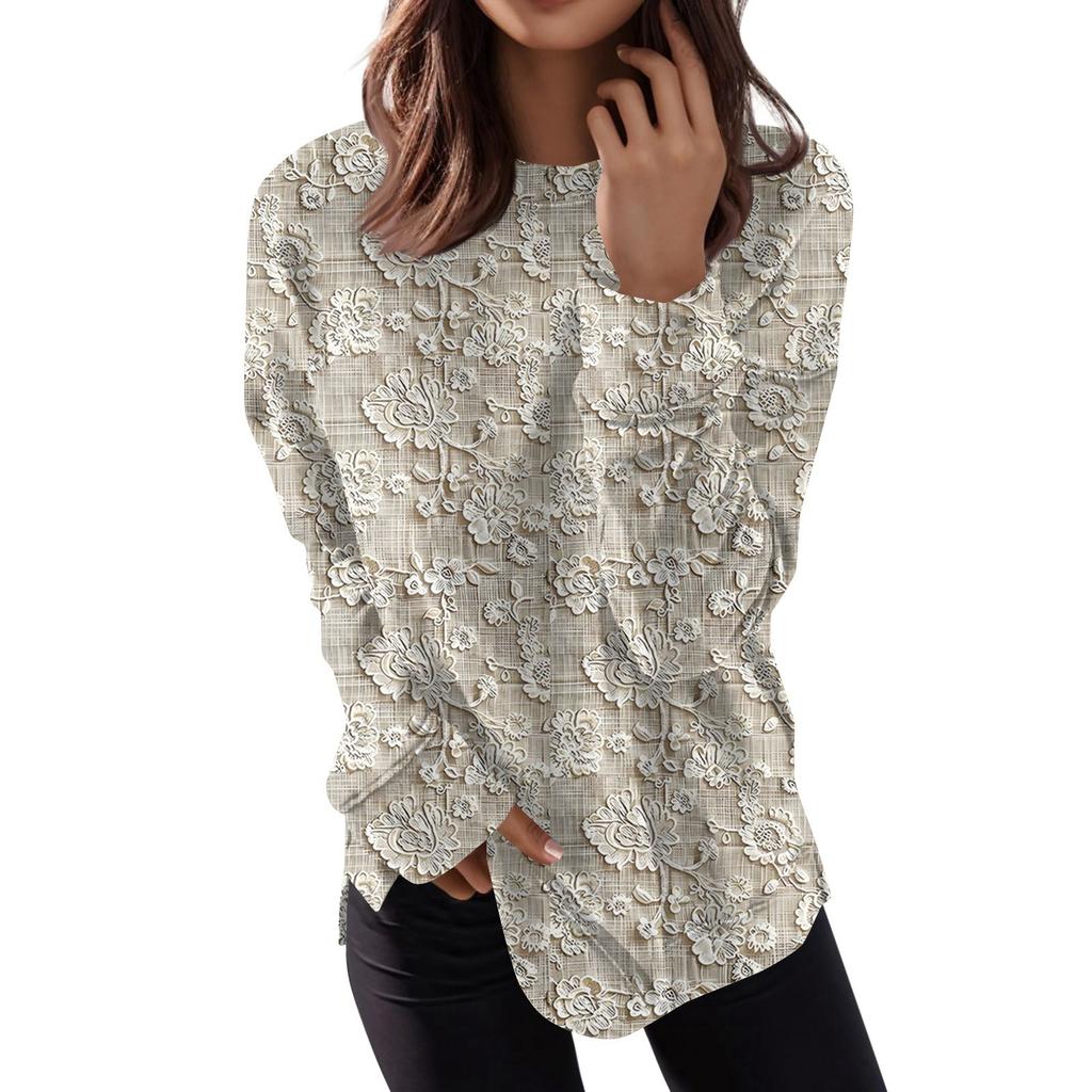 Women's Fashion Casual Long Sleeve Floral Textured Print Round Neck Top