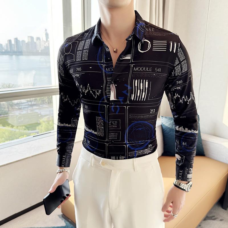 Новая мужская рубашка с длинными рукавами без отворотов, модная повседневная тонкая рубашка с цифровым принтом ранней осени
