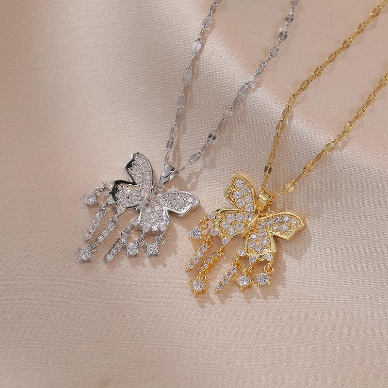 Zircon Tassel Butterfly Necklace for Women 2023 New Fashion Stainless Steel Chain Jewelry Wedding Party Accessories