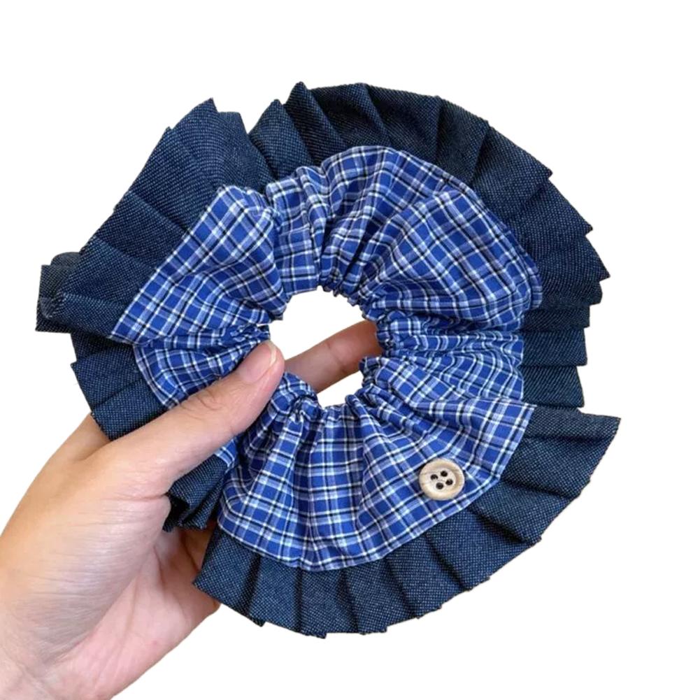 Korean Bow Denim Blue Plaid Square Scarf Large Intestine Headband Hair Square Female Band Hair H0K6