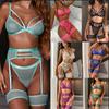 Womens Sheer Mesh Lingerie Set Bra and Panty Underwear Bra Garters Brief Sets 3pc Transparent Ladies Intimates Erotic Costumes