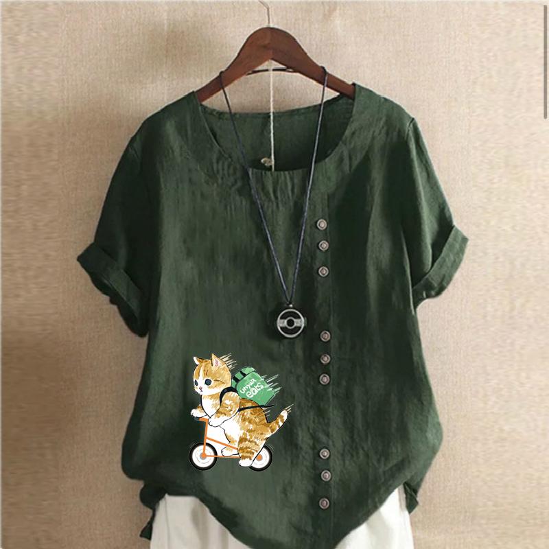 Женская модная футболка с круглым вырезом и короткими рукавами, повседневная хлопково-льняная рубашка с рисунком, летняя блузка с принтом кота для велоспорта, топы больших размеров