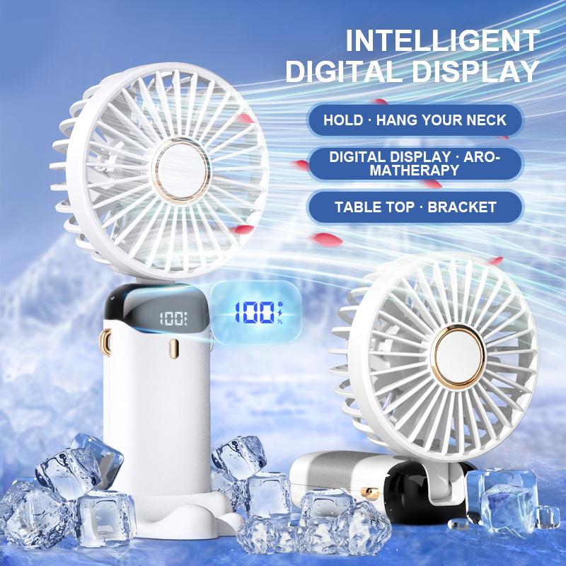Portable Handheld USB Mini Fan Foldable Neck Hanging Fans 5 Speed Usb Rechargeable Fan With Desk Phone Stand And Display Screen