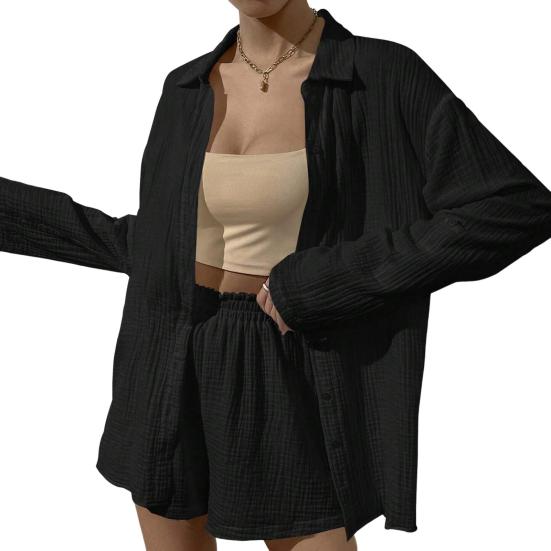 2 шт./компл., женская рубашка, комплект с шортами, однотонная однобортная блузка с длинными рукавами и воротником с лацканами, высокая талия, свободная выше