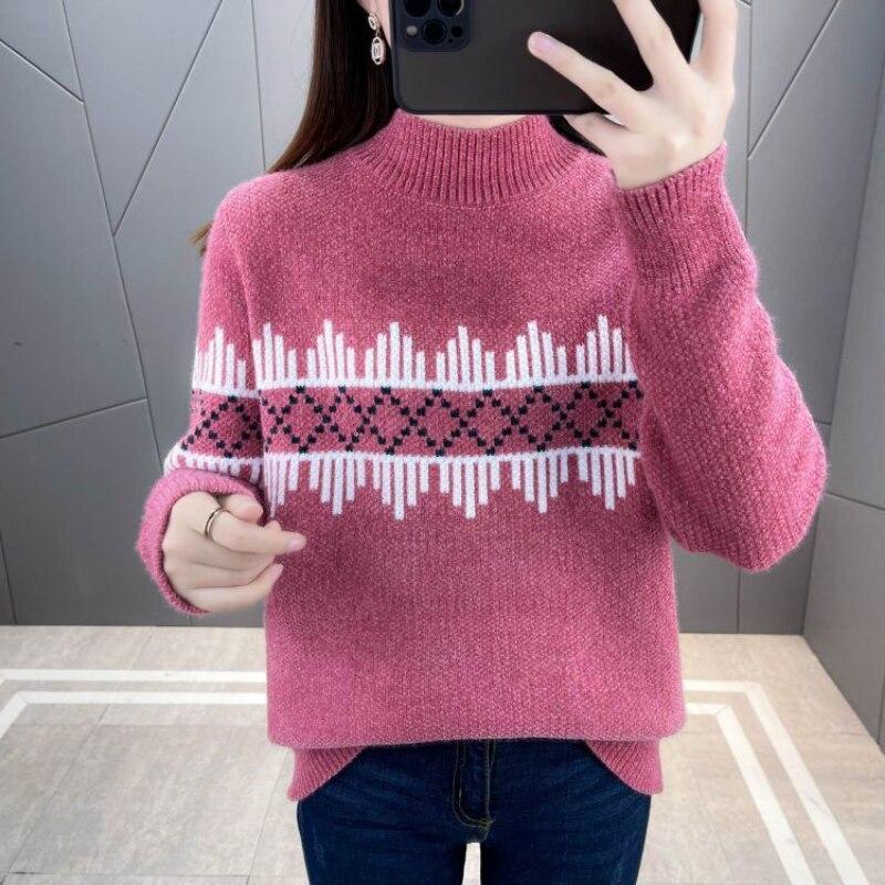 Pullover Sweater Women Mink Down Autumn and Winter 2023 Half High Collar Loose Knitted Undercoat Casual Pullover Sweater Women