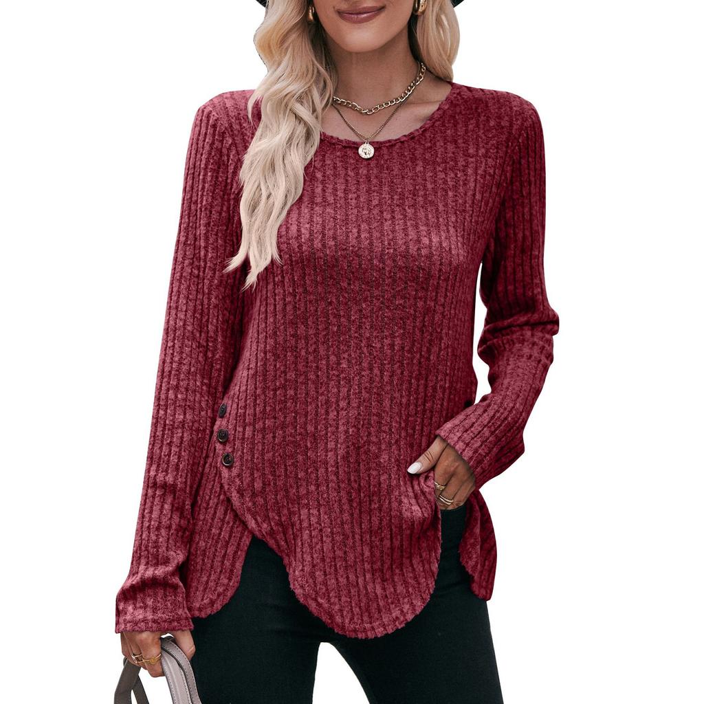 Autumn and Winter Women's Blouse Round Neck Pit Stripes Abrasion Solid Color Long Sleeve Tops