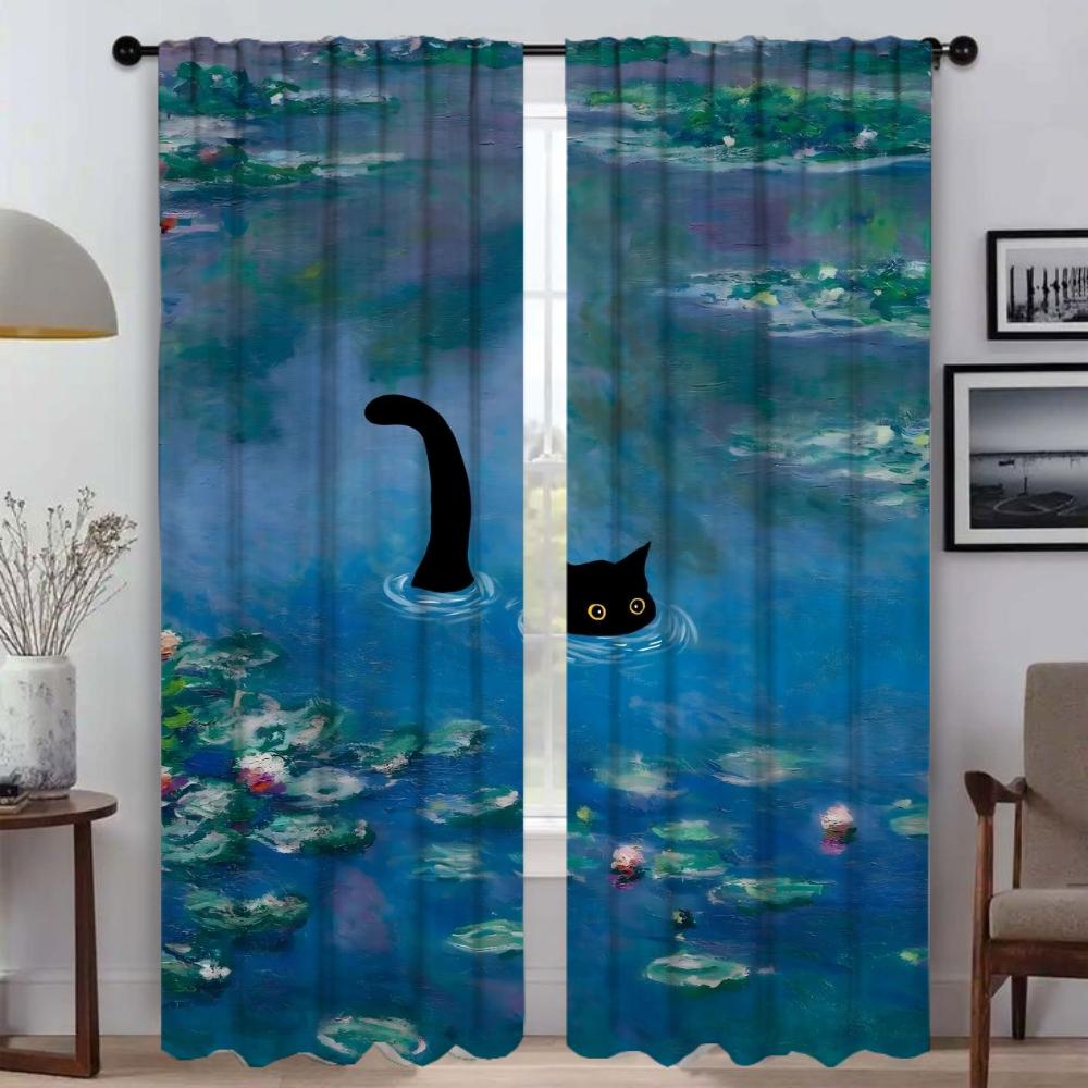 Black Cat Modern Living Room Curtains 2 Pieces Halloween Decoration Window Curtain Shades Kitchen Curtains for Camera Partition