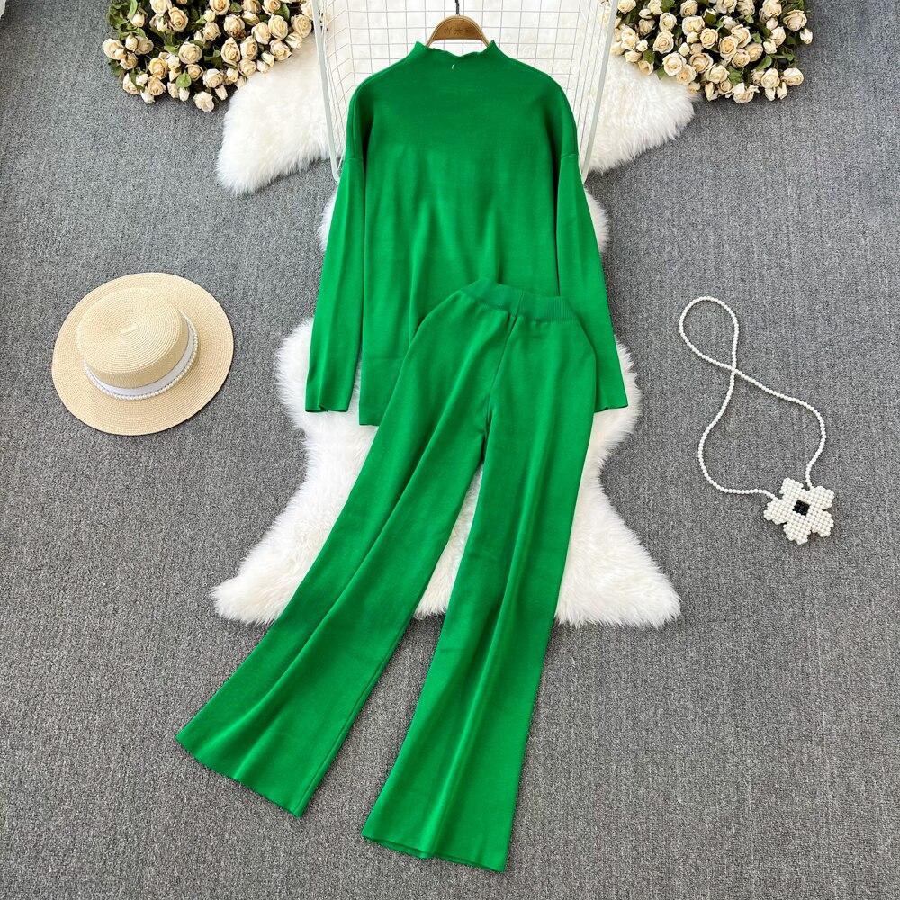 Fashion Collar Loose Long-sleeved Irregular Knit Tops High Waist Thin Straight Pants Two-piece Set
