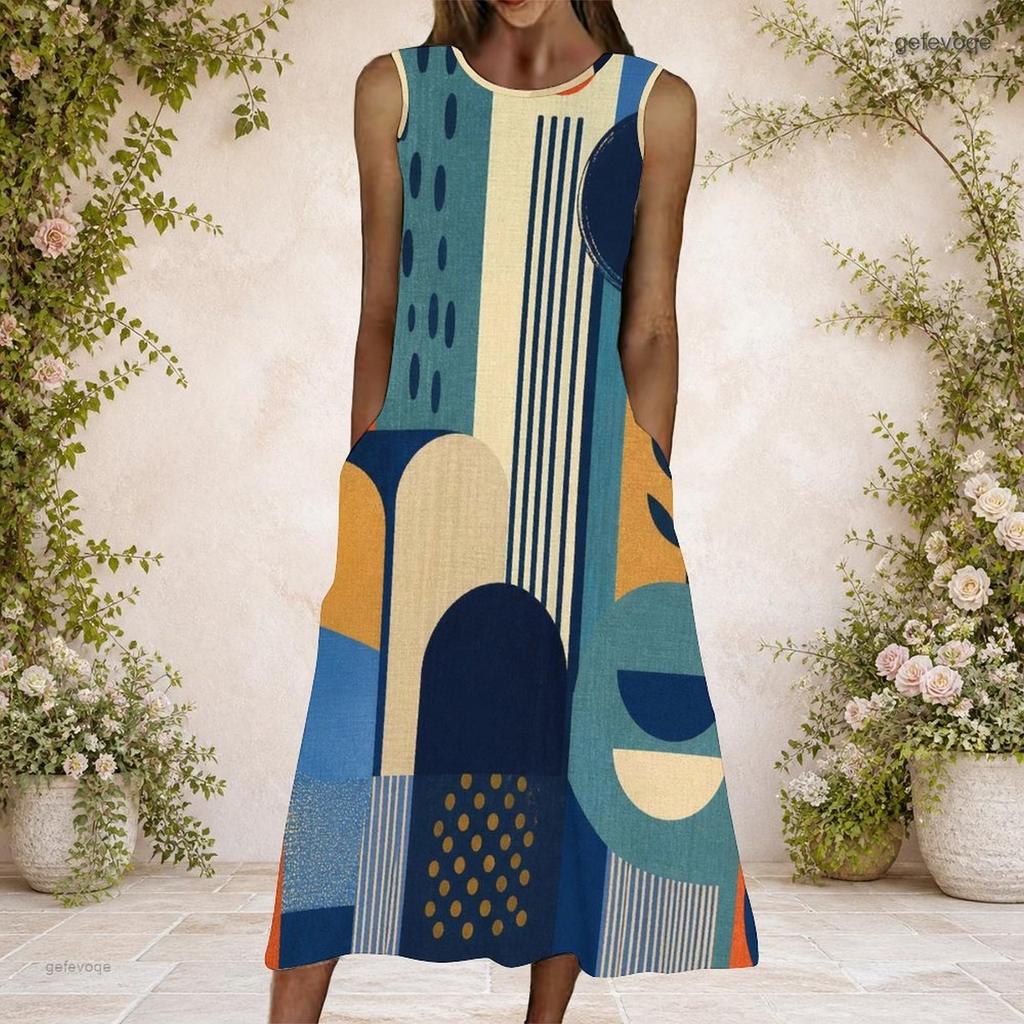 Women Plus Size Round Neck Sleeveless Geometric Printed A Line Long Dress With Side Pockets