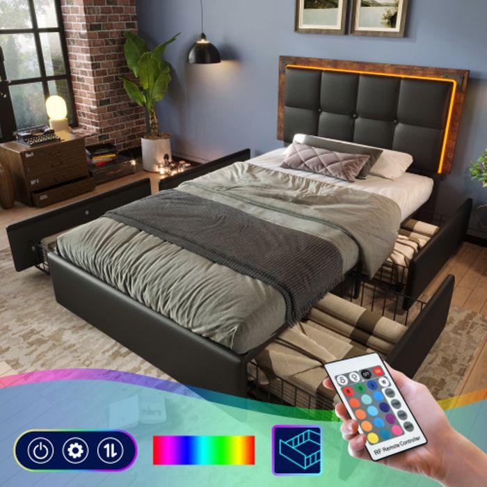Cadre de lit - MUVOE - 90x200 cm - Tête de lit réglable - Éclairage LED - 4 tiroirs de rangement