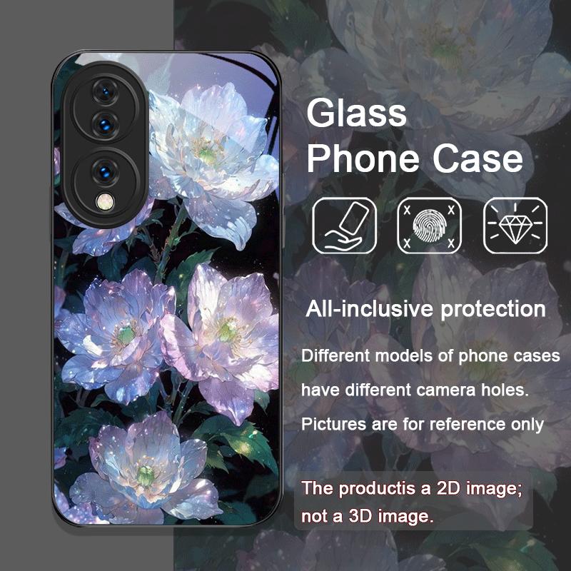 Stylish White Peony Flower Pattern Tempered Glass Phone Case for Huawei Nova 13 12 11 10 SE Mate 70 60 Pro Plus P60 P40 5G Cover