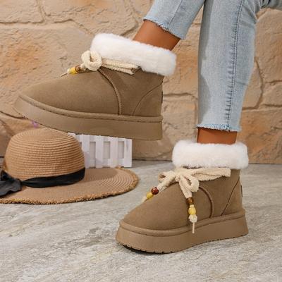 Женские зимние ботинки, круглый носок, платформа, бант-бабочка, шнуровка, бусины, хлопковые ботинки, повседневные, универсальные, зимние ботинки с меховой подкладкой