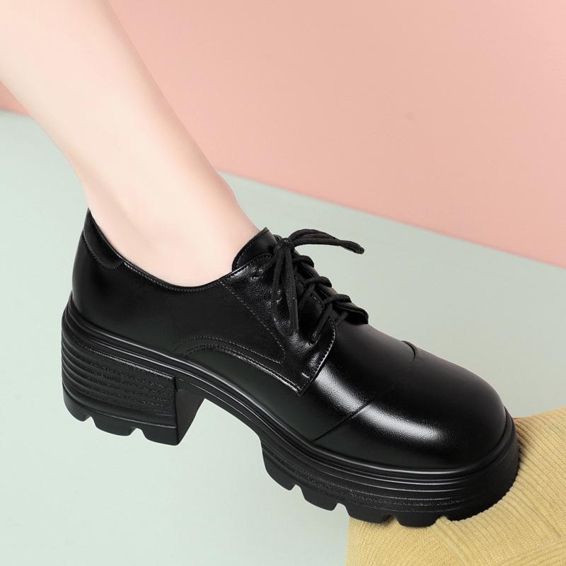 Платформа Британские женские кожаные туфли модный зарубежный стиль на шнуровке толстый каблук женские туфли новые удобные одинарные туфли