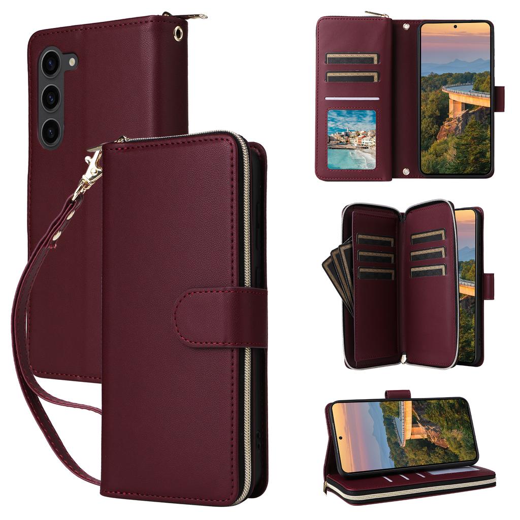 R20 For Samsung Galaxy S23+ Case Zipper Pocket Leather Phone Cover with 9 Card Slots