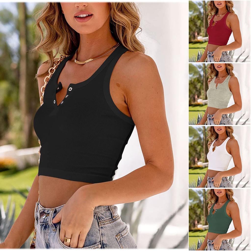 Women's Fashion Casual Solid Color Crewneck Button Sleeveless Crop Sexy I-top Vest