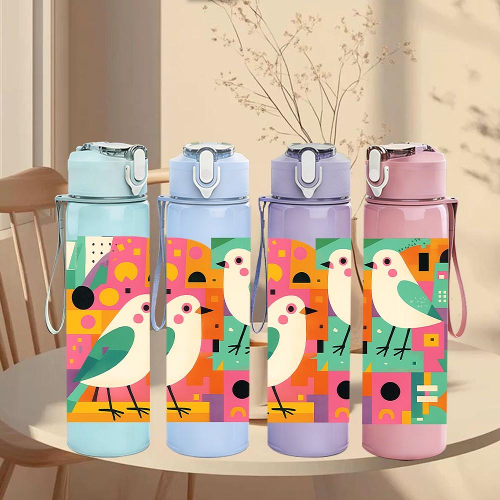 1PC Abstract Color Block Bird Couple 750ml Color Plastic Sports Water Bottle Leakproof Flip Straw Lid Suitable for Sports Office Home Use