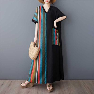 Женское полосатое лоскутное черное длинное платье в стиле ретро