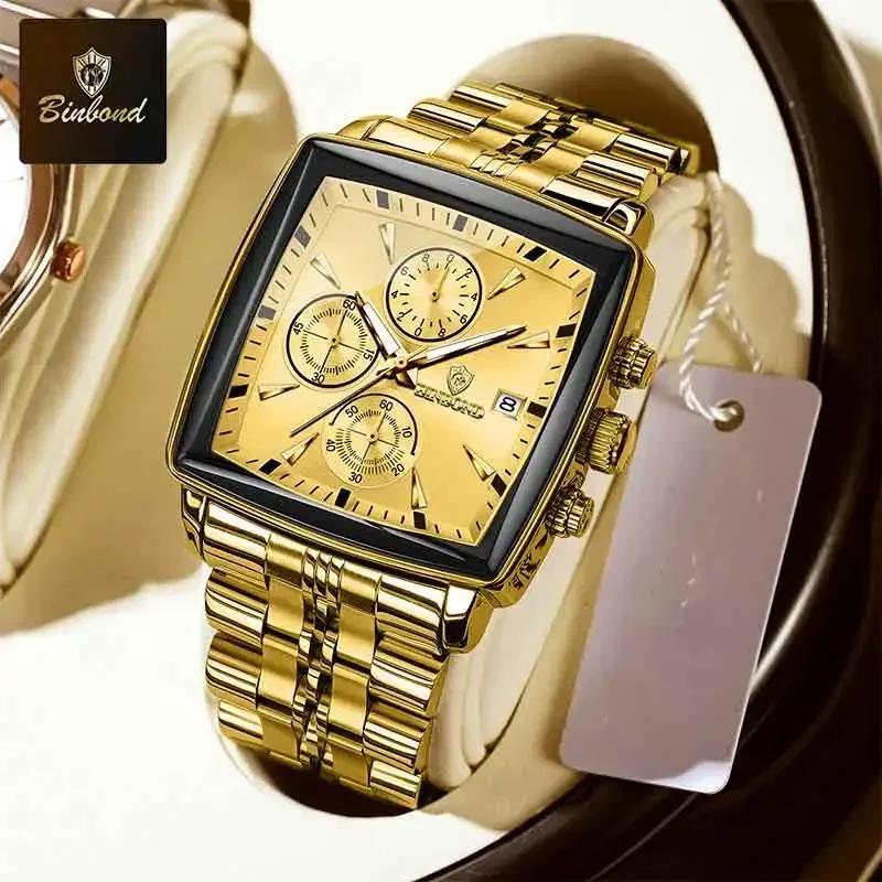 BINBOND Luxury Square Man Business Wristwatch Waterproof Luminous Chronograph Quartz Men Watches Stainless Steel Men Watch Reloj