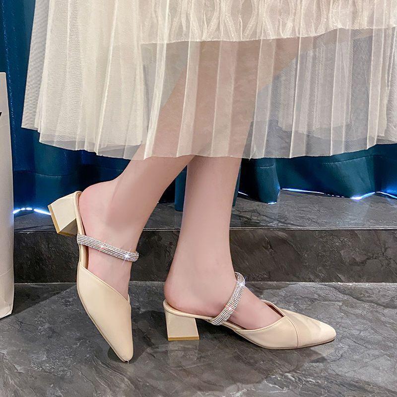 Тапочки Fairy Wind Cool, женские универсальные полутапочки Baotou, женская верхняя одежда на блочном каблуке, лето 2025, новые модные стразы