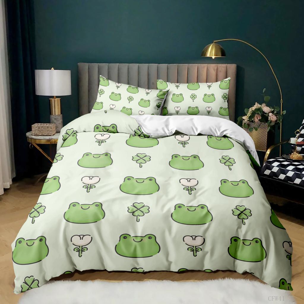 Animal Frogs Duvet Cover Set King Queen Size Green Lovely Cartoon Frog Bedding Set Kids Toad 2/3pcs Polyester Comforter Cover