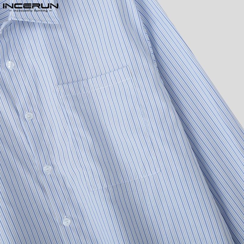 INCERUN S-XXXXXL Men Lapel Neck Long Sleeve Striped Casual Loose Shirts Tops
