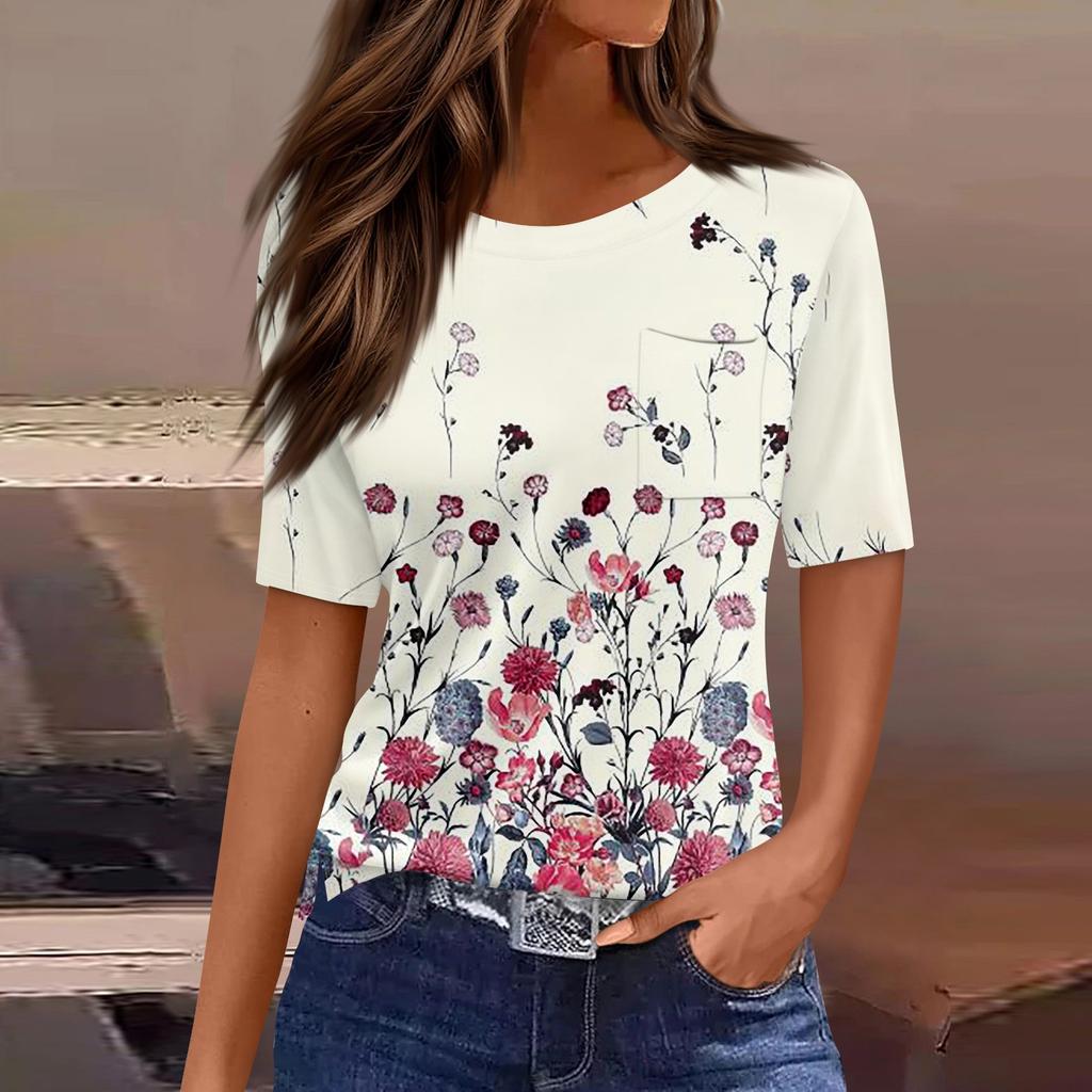 Футболки для женщин, плиссированные, с круглым вырезом, нарядные, повседневные, блузки с принтом, с коротким рукавом, летние топы, свободный крой