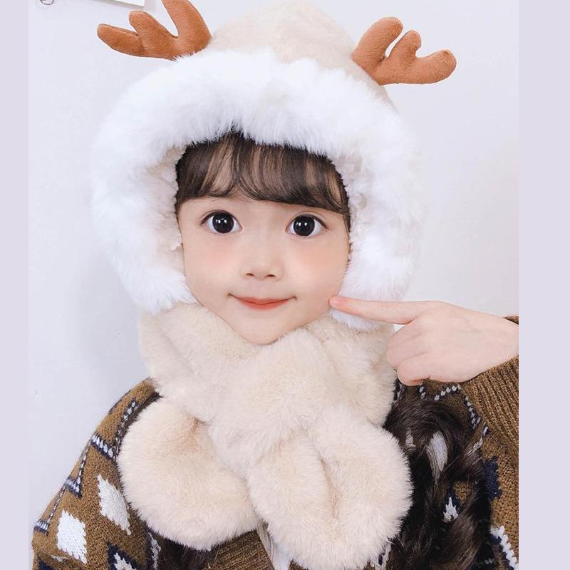 Рождественская детская зимняя теплая шапка для маленьких мальчиков и девочек, милый шарф с капюшоном и рогами оленя и лося, шарф-ушанка