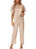 Cheibear Silky Lounge Satin Pajama Set and Short Size Small Women's (Top Bottoms), Sleeves, Khaki,
