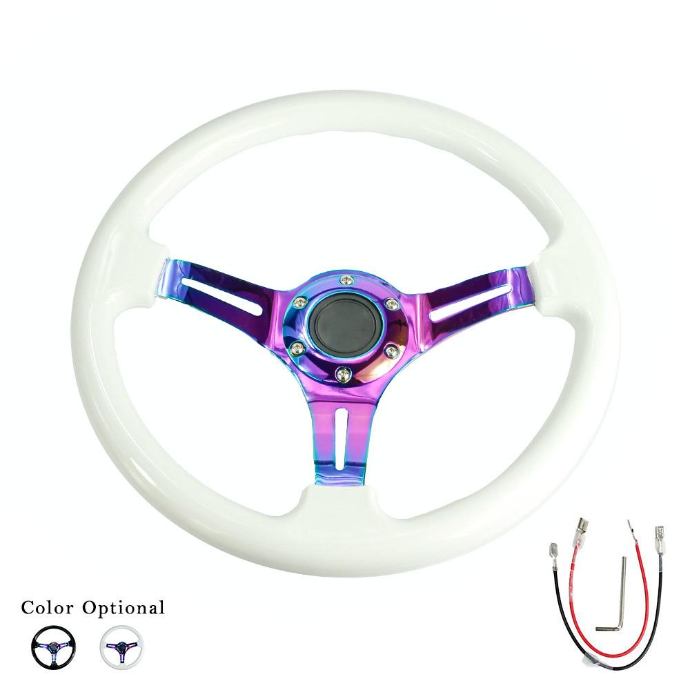 YOMI Universal Black White Car Sport Steering Wheel ABS Material 350mm 14 Inch With Chrome Spokes 6Holes