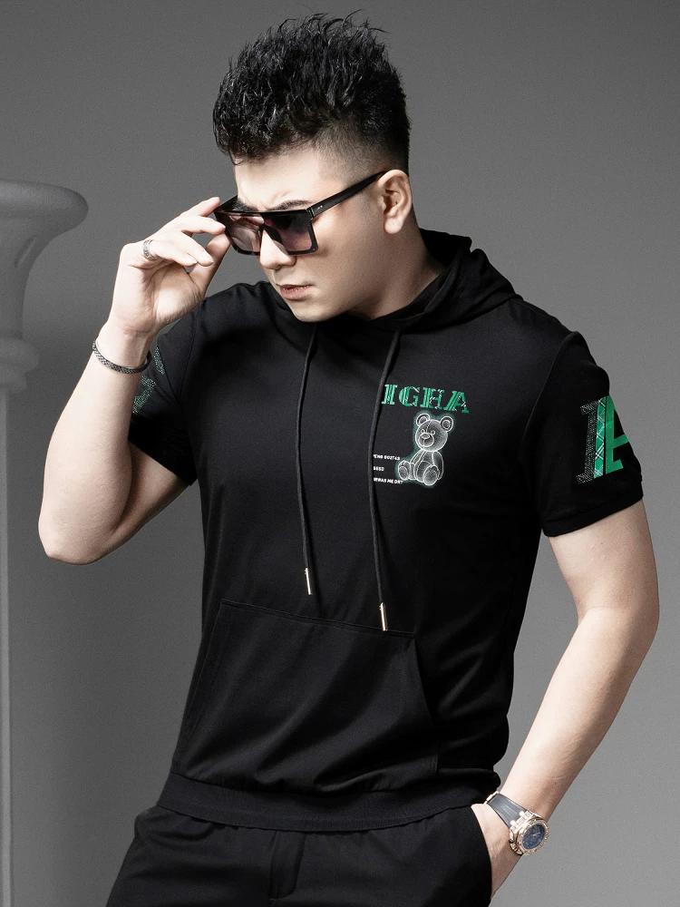 European Style High-End Men's Short-Sleeve T-Shirt 2025 Summer New Trendy Bear Print Hooded Half-Sleeve Sweatshirt