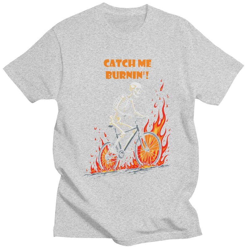 Мужские футболки с принтом 'Catch Me Burnin Bicycle Cyclist Skeleton', 100% хлопок, с коротким рукавом, модные, одежда