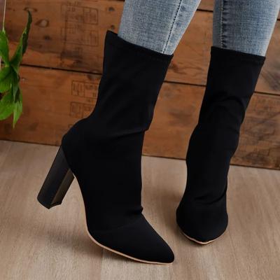 Модные сексуальные женские короткие сапоги с острым носком на толстом высоком каблуке, новые темпераментные сапоги из флока длиной до середины икры, современные туфли