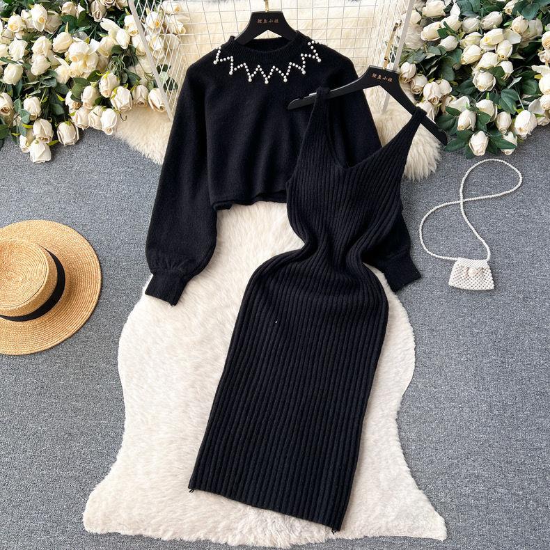 2 Piece Set Women's Knit Sweater Spaghetti Strap Sleeveless Dress Set Slim Knitted Vest Sweater Dress Beaded Pullover Short Sweater Outfits