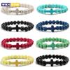 Fashion Jesus Cross Natural Stone Bracelets Charm Blue Pine Stone Black Lava Matte Beaded Bracelets Bangles Women Yoga Jewelry