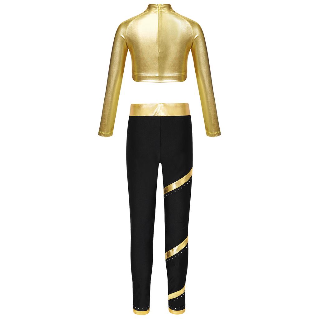 Girls Figure Skating Outfit Mock Neck Long Sleeve Sequin Shiny Crop Top Metallic Striped Pants Dance Costume