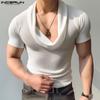 Men Cowl Neck Short Sleeve Slim Fit Muslce Mesh T-Shirts