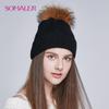 SOMALER Winter Hats For Women Natural Fur Pompom Hat Warm Wool Slouchy Beanies For Female Fashion Skullies Lady Hats