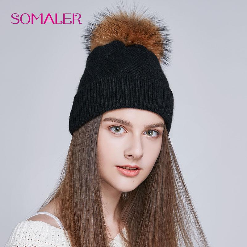 SOMALER Winter Hats For Women Natural Fur Pompom Hat Warm Wool Slouchy Beanies For Female Fashion Skullies Lady Hats