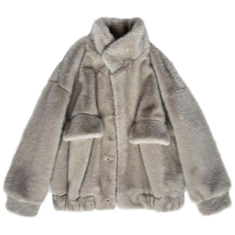 Зимняя меховая куртка, свободное плюшевое пальто, женская, новая бежевая норковая шерсть, воротник-стойка, большой карман, меховой топ
