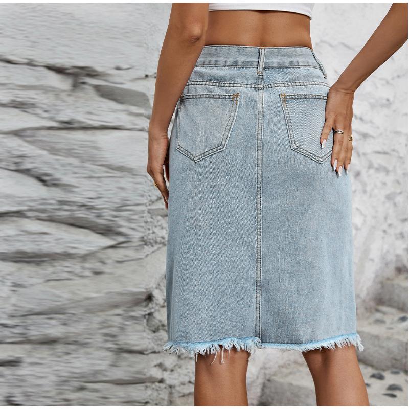 Юбки из денима для женщин, джинсы с высокой талией, потертым необработанным краем, юбка-клеш с карманами, летняя узкая юбка с разрезом и запахом