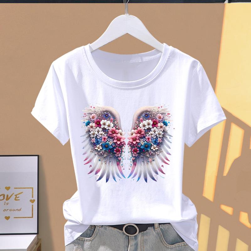 (Asian Size) Lovely Cute Wing Short Sleeve T-shirts Trend T Clothing Fashion Print Female Casual Women's Top Graphic Tee