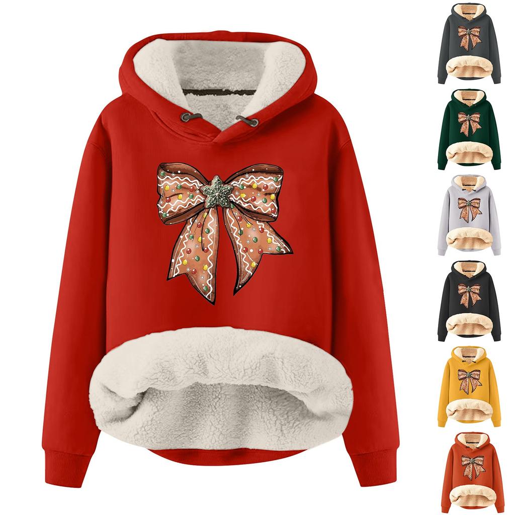 Women's Fashion Hooded Christmas Bowknot Printed Plush Warm Loose Pullover Sweatshirt