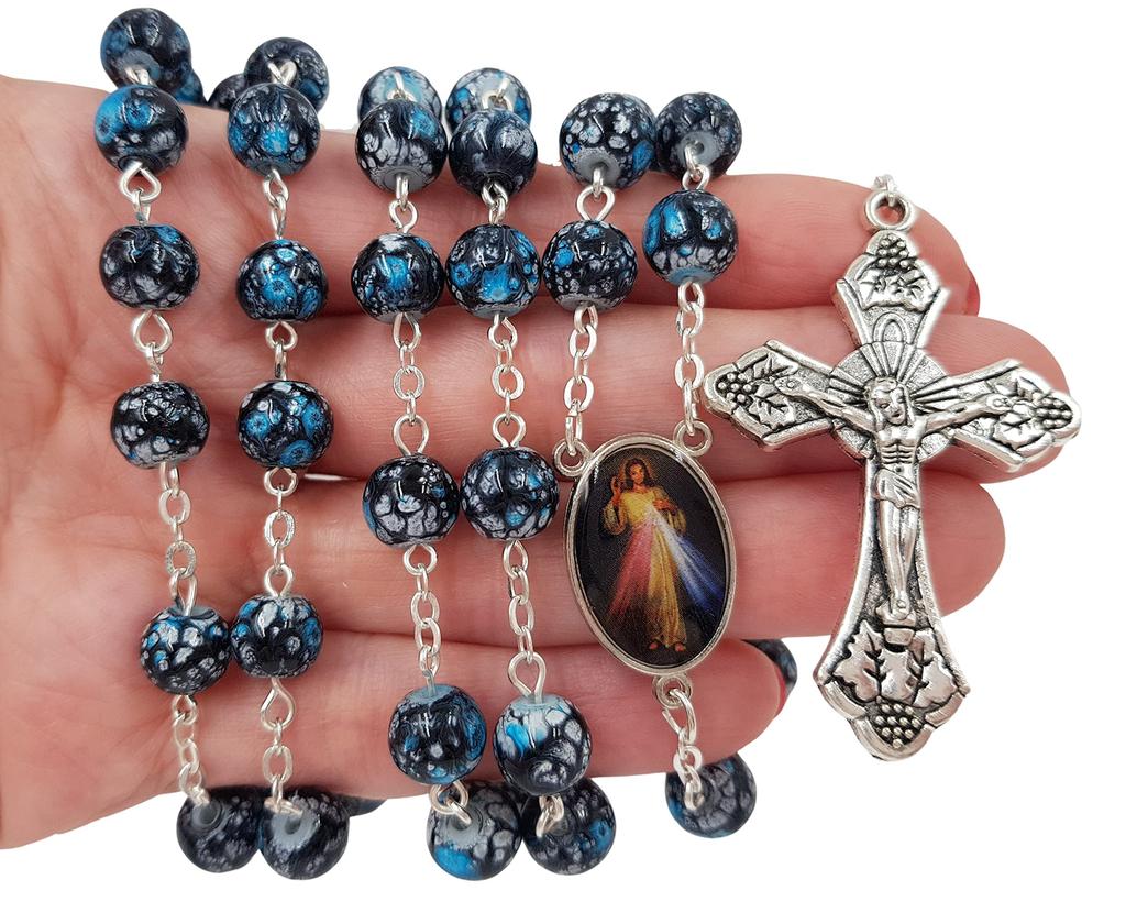 TALISMAN4U Католическое ожерелье из четок, синие стеклянные бусины, медальон «Бог, милосердие», крест Иисуса, религиозный подарок, стеклянная коробка,
