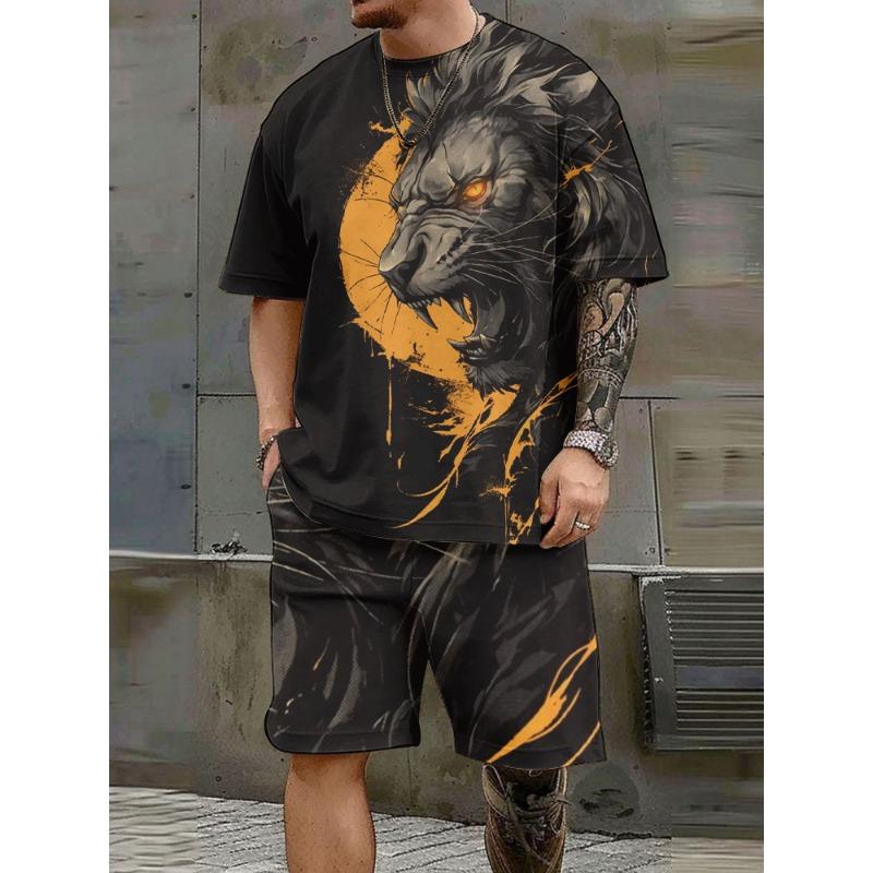 Повседневный мужской комплект с коротким рукавом, комплект из двух предметов с принтом величественного льва и круглым вырезом, шорты с коротким рукавом, модный мужской комплект из двух предметов