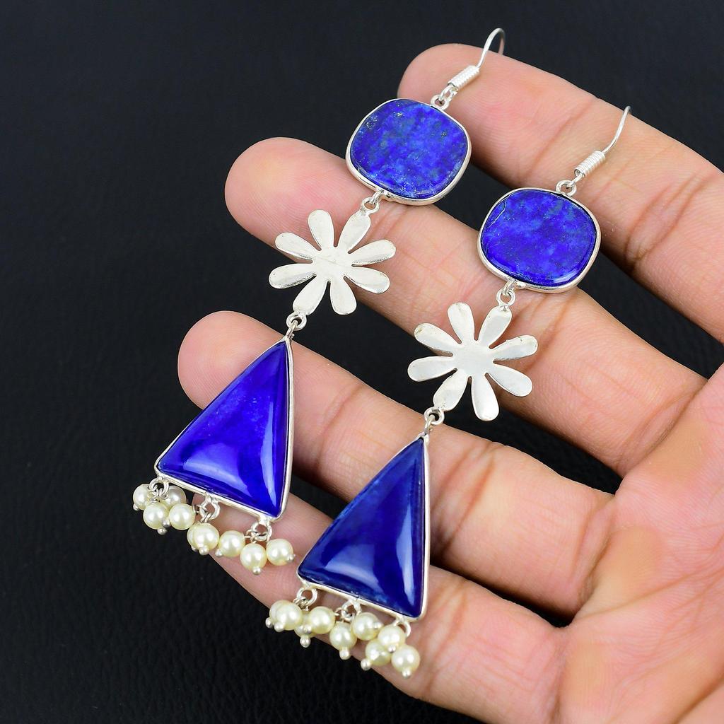 Natural Lapis Lazuli Daughter Wedding Dangle New Earrings 925 Sterling Silver