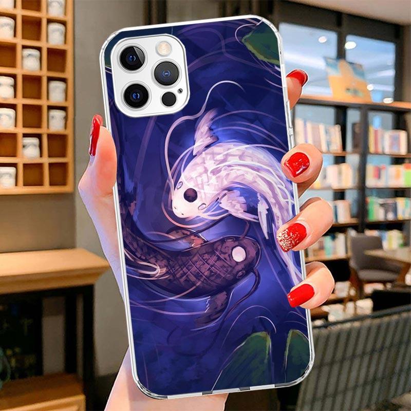 Japan Koi Fish Yin Yang Art Cover Phone Case For iPhone 16 17 Air 15 14 Pro Max 16E Phone Case 13 Mini 12 11 7 SE 8 Print Patter