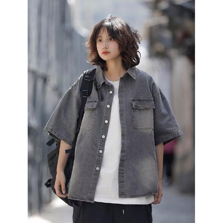 Рубашка с коротким рукавом в стиле ретро из джинсовой ткани, летняя модная мужская и женская марка, японский ретро-тренд с коротким рукавом, классная и свободная рубашка